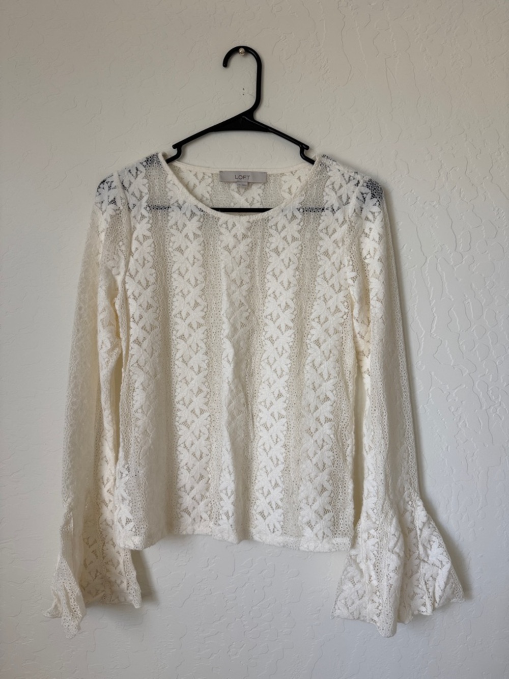 LOFT Cream Lace Long-Sleeve Blouse with Flared Cuffs